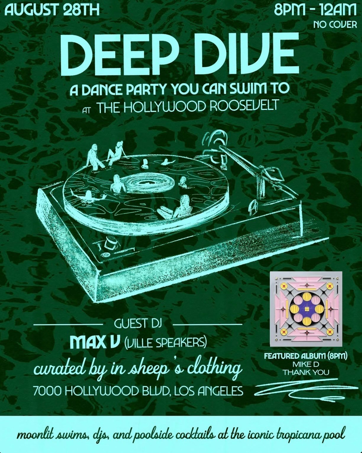Dark green Deep Dive pool party flyer with red and blue text