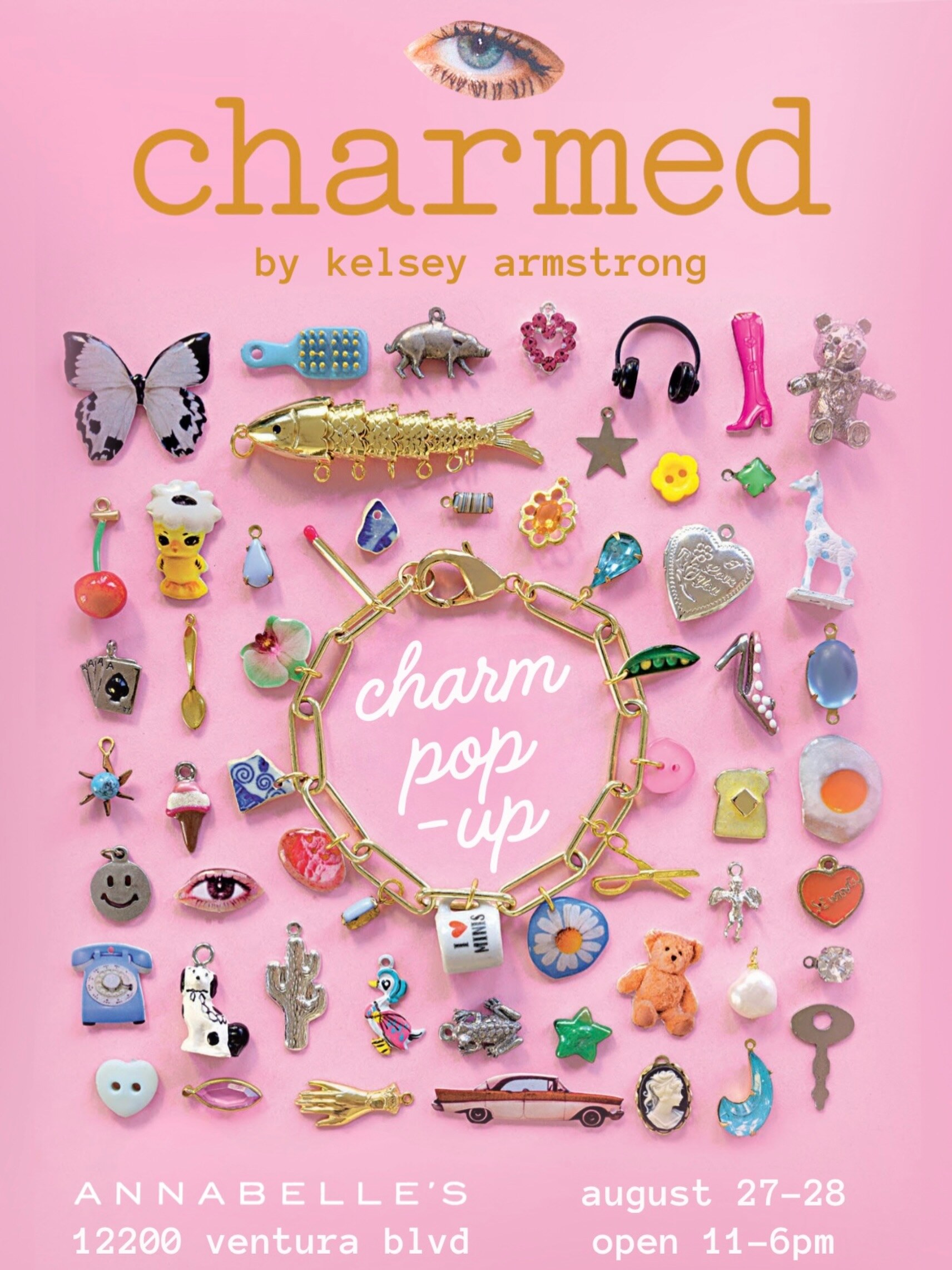 Pink Charmed book charm pop-up flyer by Kelsey Armstrong, laid out with enamel charms, for Annabelle’s at 12200 Ventura Blvd, open 11am to 6pm.
