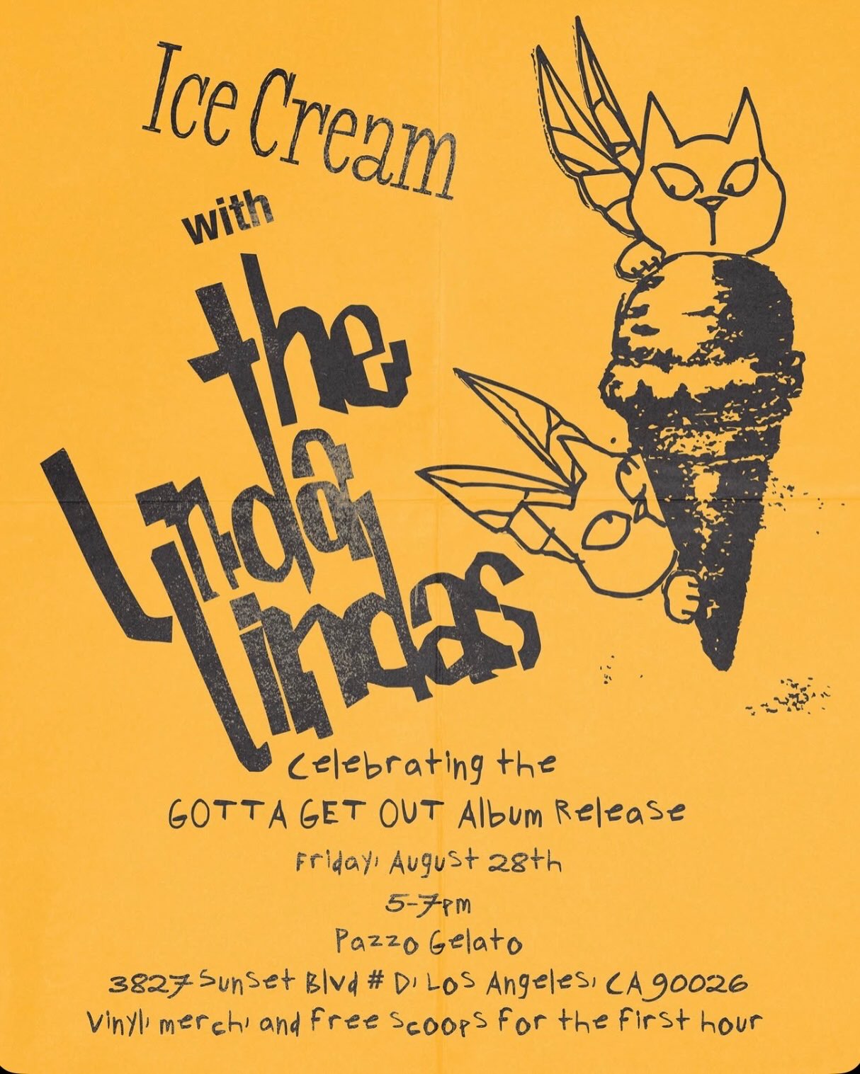 Orange flyer for The Linda Lindas Gotta Get Out album release at Pazzo Gelato