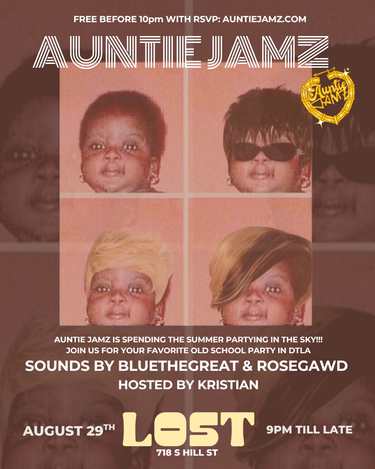 Auntie Jamz flyer built from childhood portraits, for the rooftop party at LOST DTLA on August 29 with sounds by Bluethegreat and Rosegawd.
