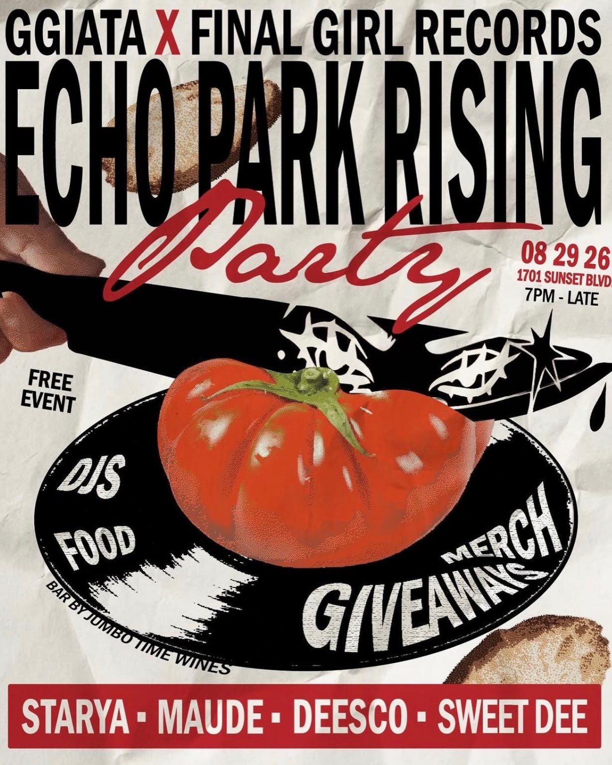 Black, cream, and red flyer for the GGIATA and Final Girl Records party