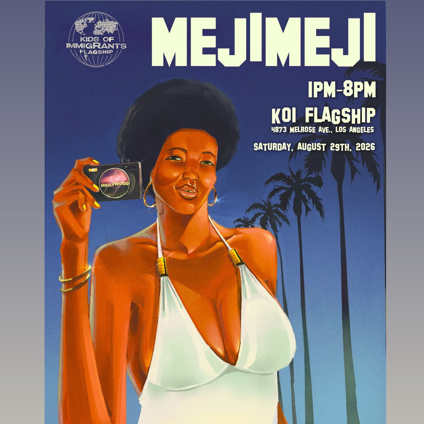 Illustrated Meji Meji flyer for the Mama pop-up at the KOI flagship, 4873 Melrose Ave, Saturday August 29 from 1pm to 8pm.