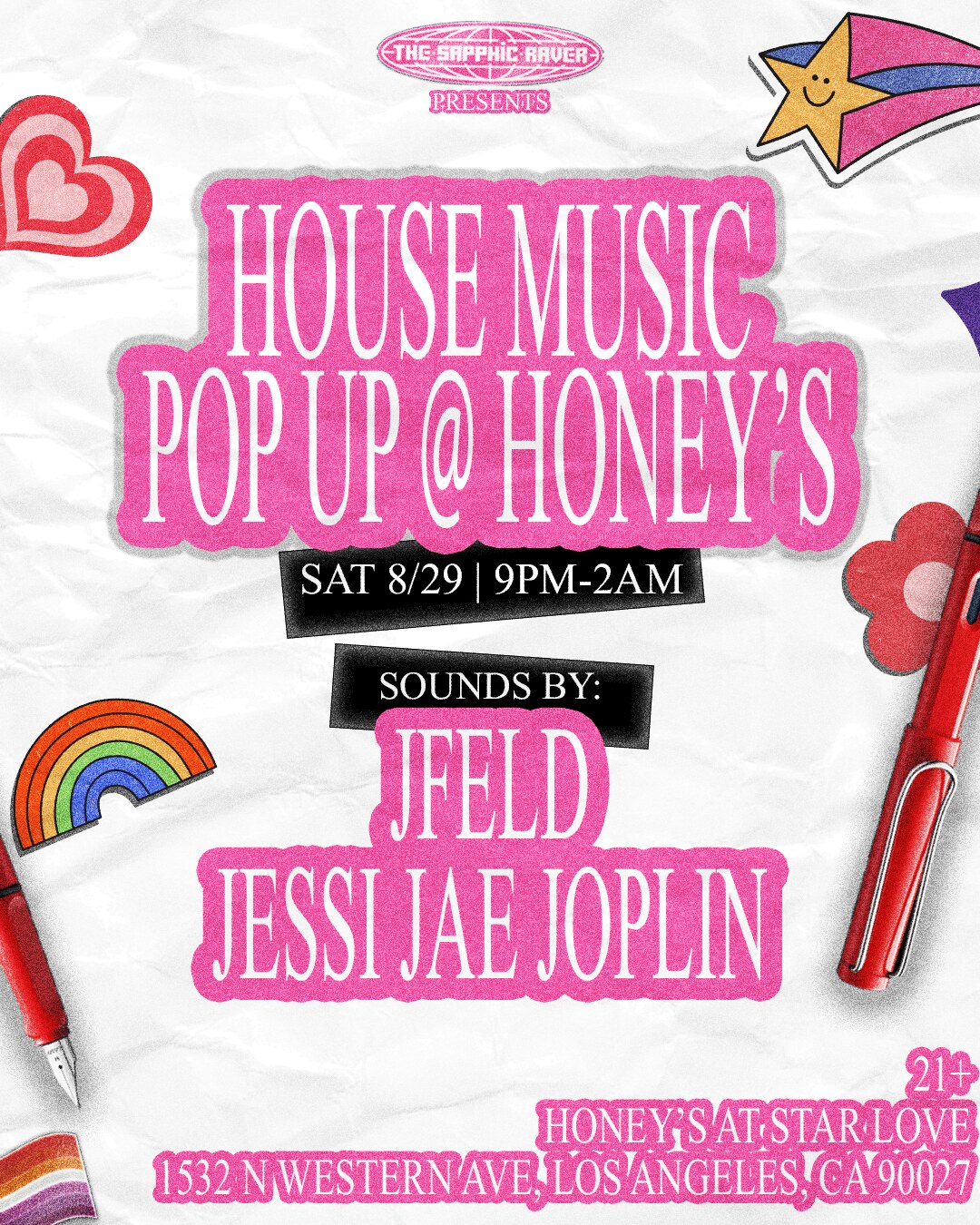 The Sapphic Raver house music pop-up flyer for Saturday August 29 at Honey's at Star Love in East Hollywood, free with rsvp.