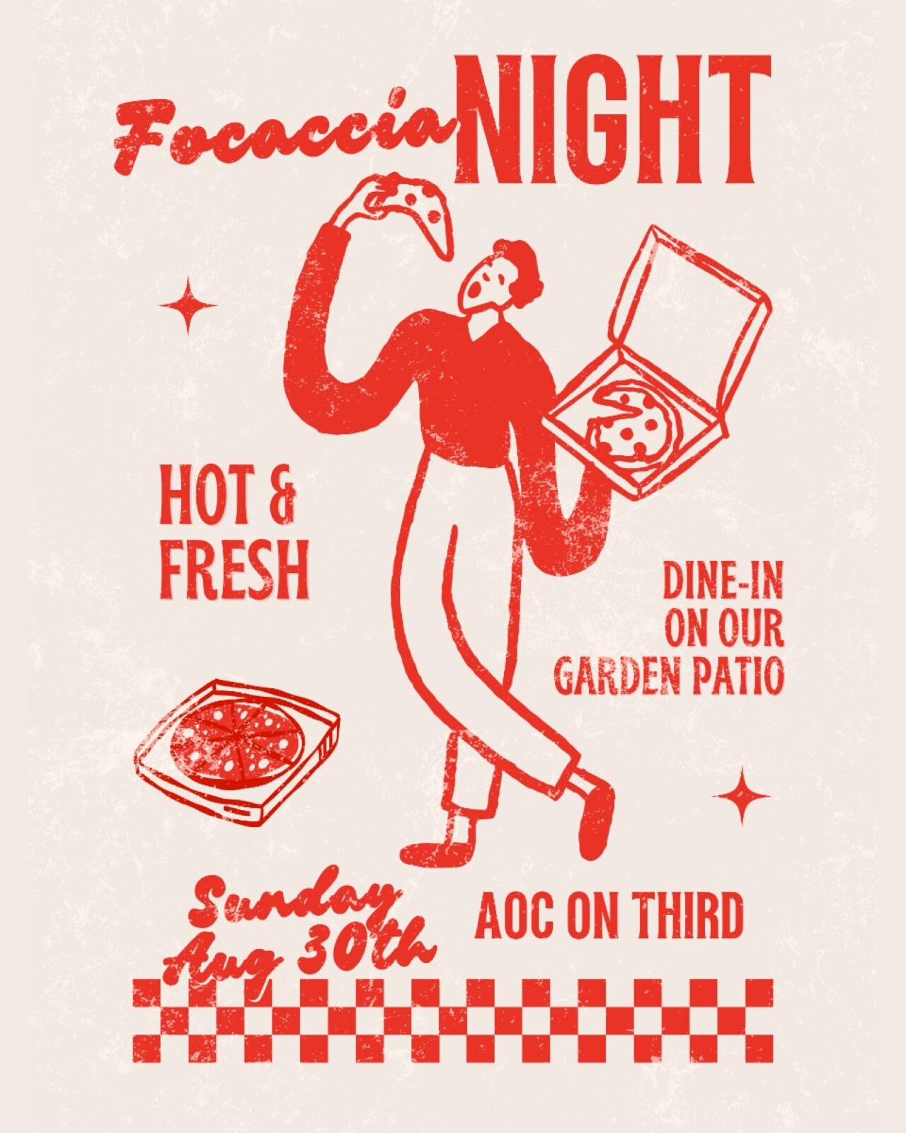A.O.C. focaccia night announcement for Sunday August 30, wood-fired focaccias and salads in the West Garden Patio, 5 to 9pm.