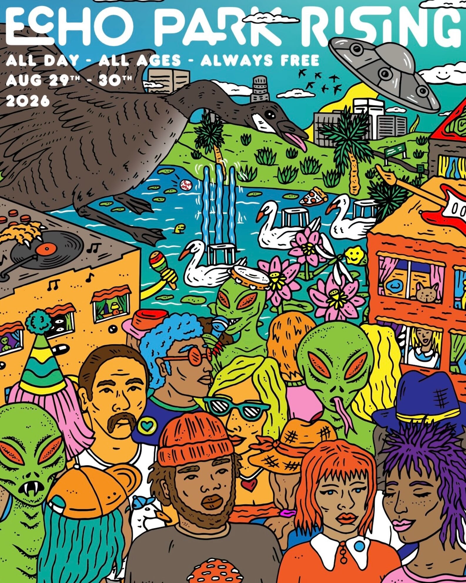 The official Echo Park Rising 2026 poster by Mermaidhex, for the free two day music festival across Echo Park on August 29 and 30.