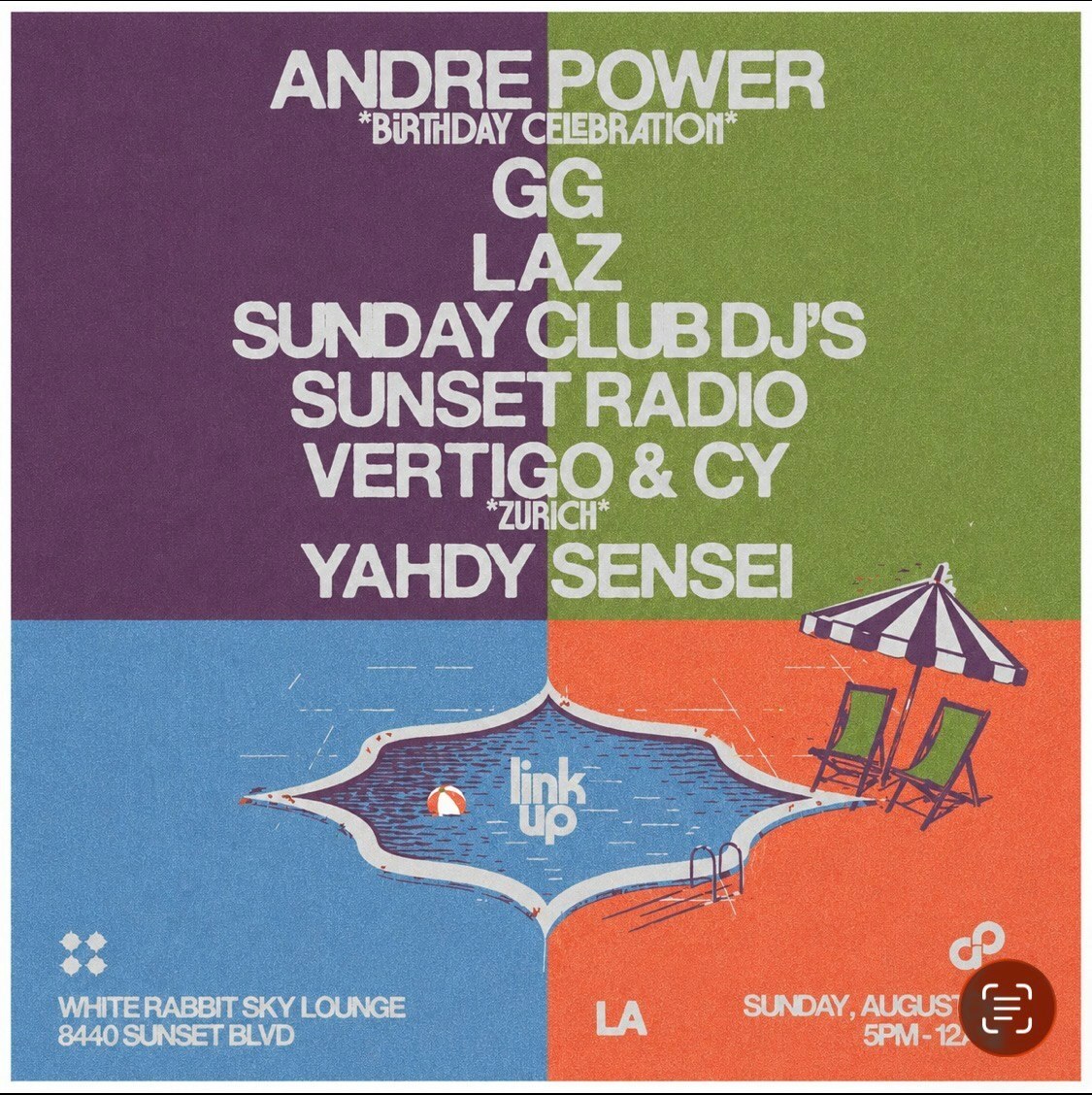 Link Up Los Angeles flyer for Sunday August 30 at White Rabbit Sky Lounge on Sunset Boulevard in West Hollywood, a rooftop day party with pool access.