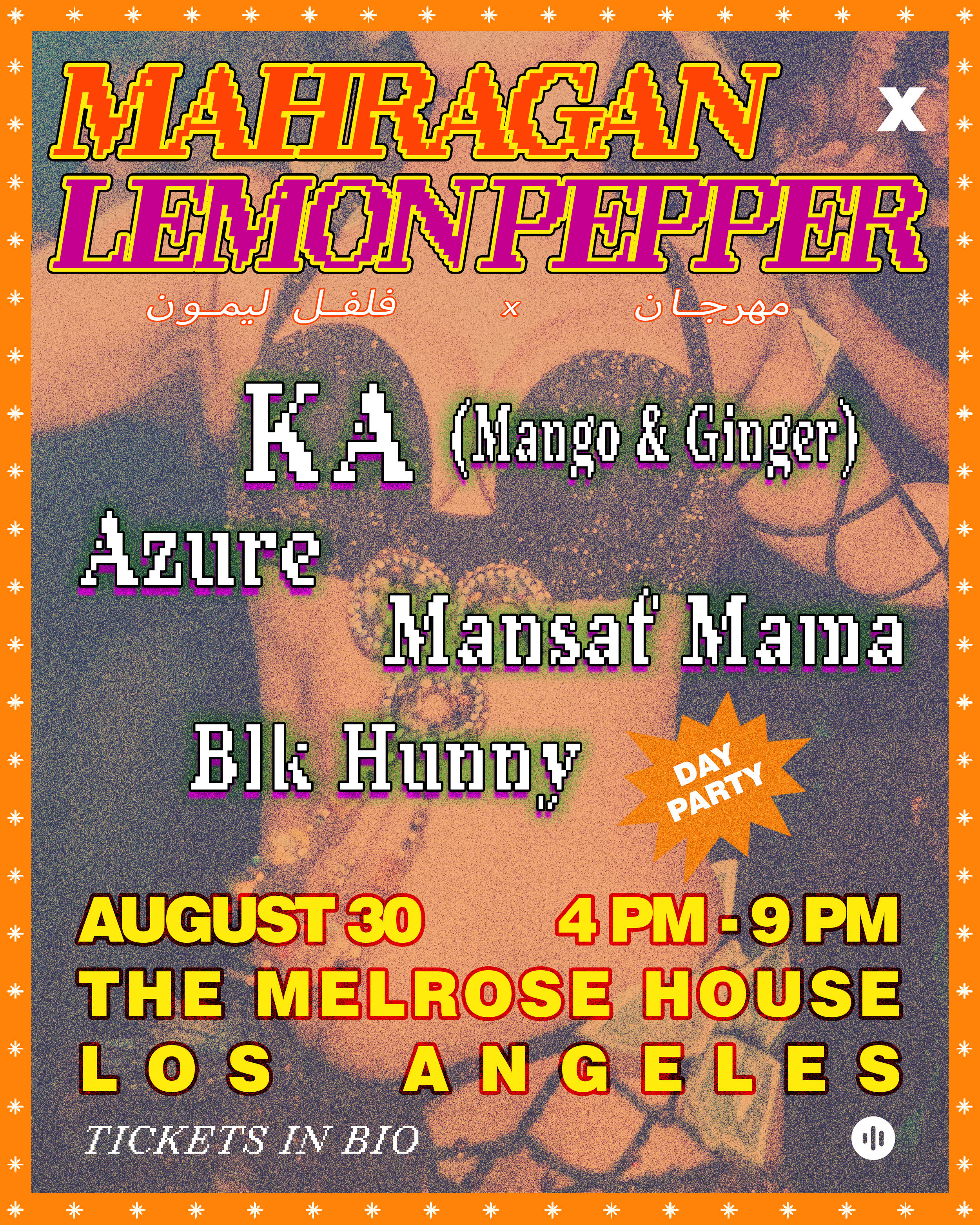 Mahragan and Lemon Pepper day party flyer for Sunday August 30 at Melrose House, 4216 Melrose Ave, Los Angeles.