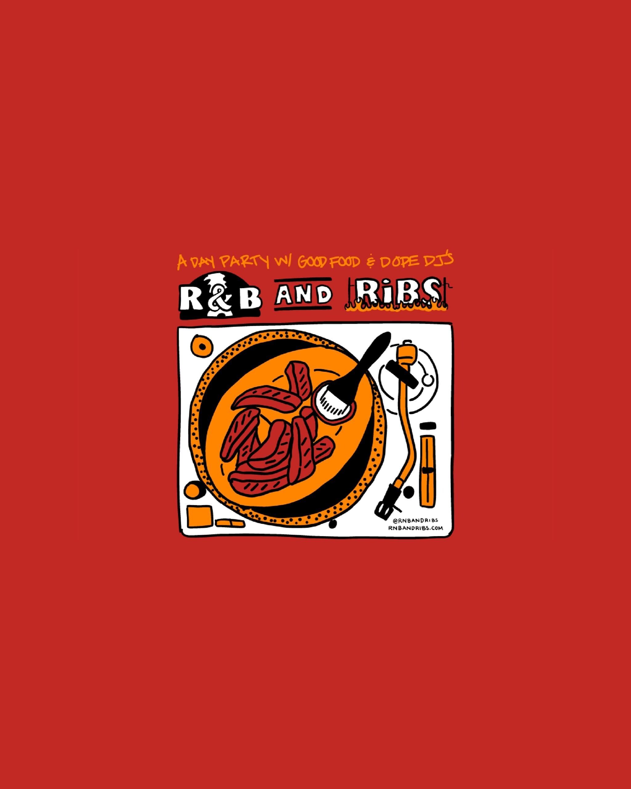 Red R&B and Ribs flyer with a plate of ribs drawn over a turntable, for the day party at The Whitley in Hollywood on Sunday August 30.