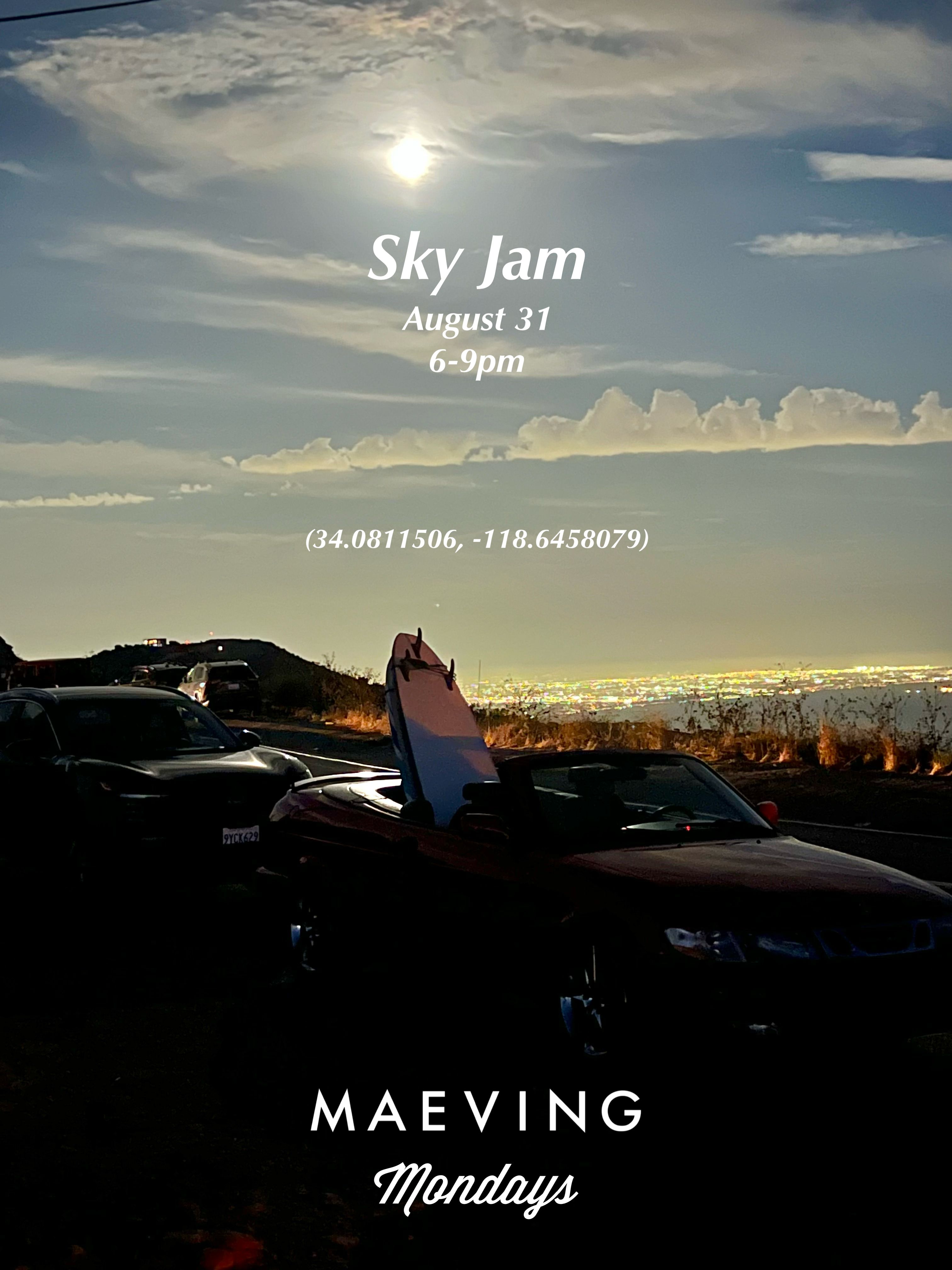 Maeving Mondays Sky Jam flyer showing cars at a mountain overlook beneath a moonlit sky, with the event date, time, and coordinates.