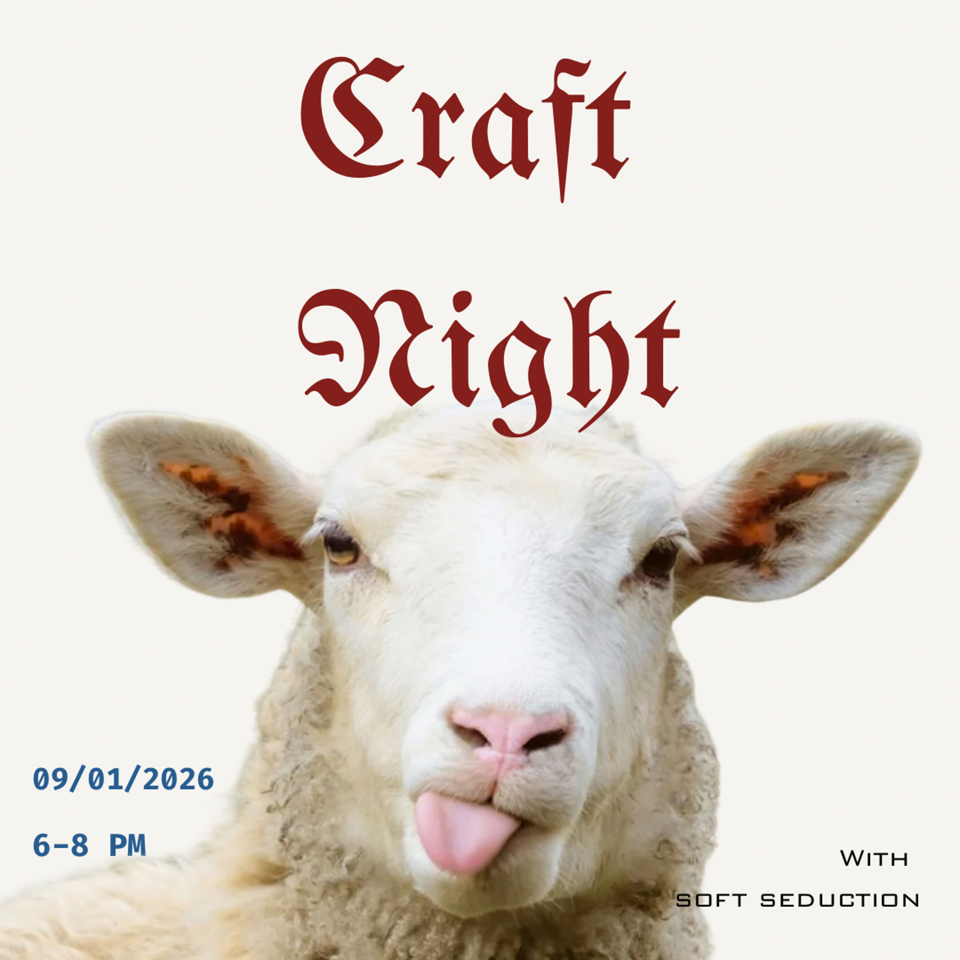 Craft Night flyer with an illustrated sheep knitting beside the September 1 date and 6 to 8 PM time