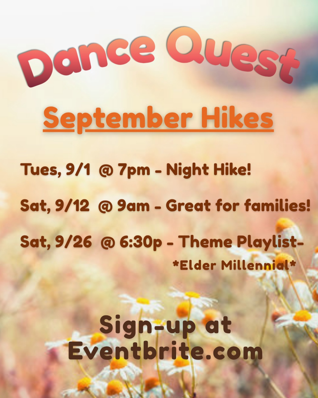 Dance Quest September Hikes flyer listing the September 1 night hike at 7 PM