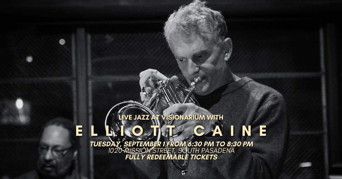 Black and white Live Jazz with Elliott Caine flyer showing the trumpeter, date, time and Visionarium address