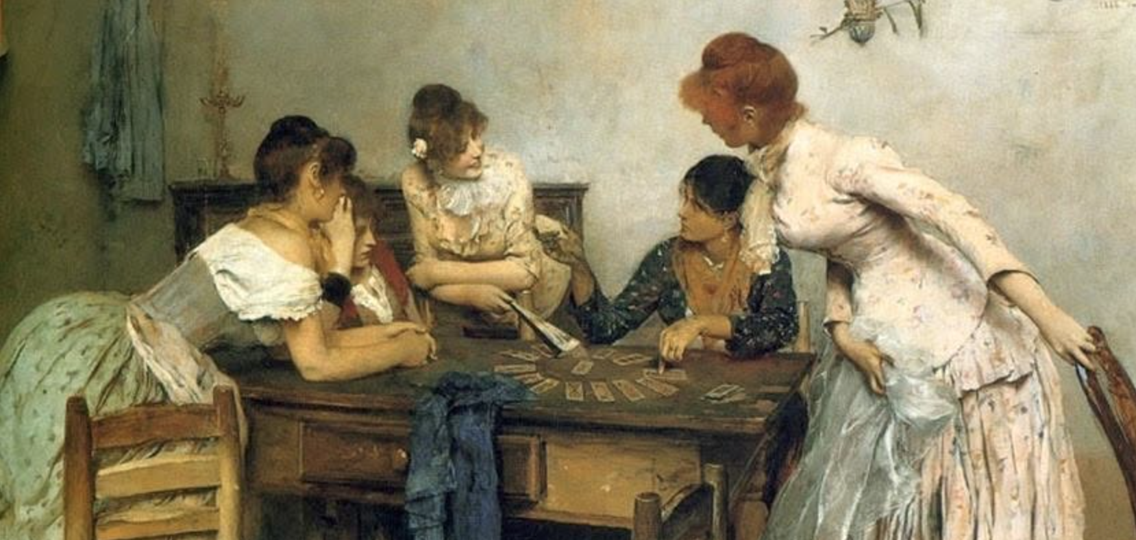 Painting of people reading cards used for Mary K. Greer's Refining the Intuitive Read tarot workshop