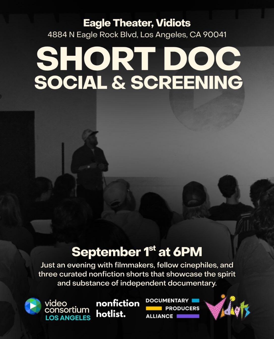 Short Doc Social and Screening flyer for September 1 at Vidiots' Eagle Theatre