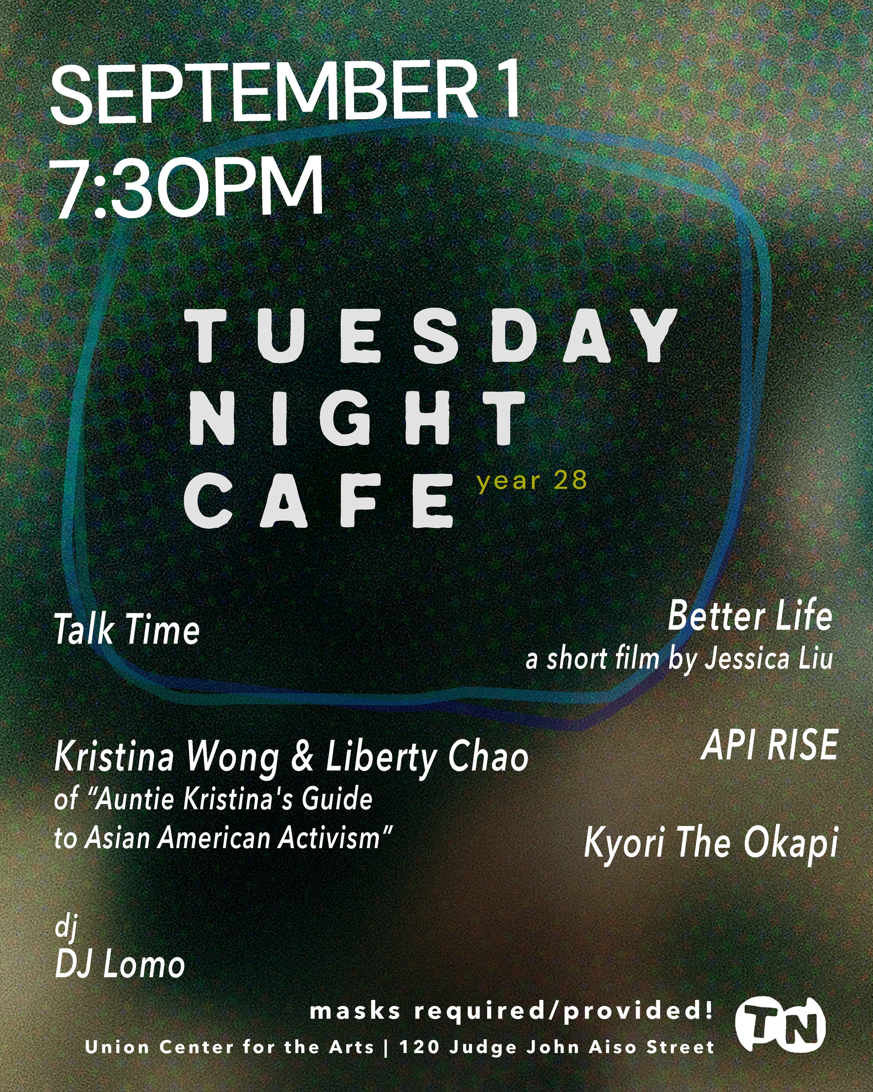 Tuesday Night Cafe September 1 flyer with the featured artists and Union Center for the Arts address