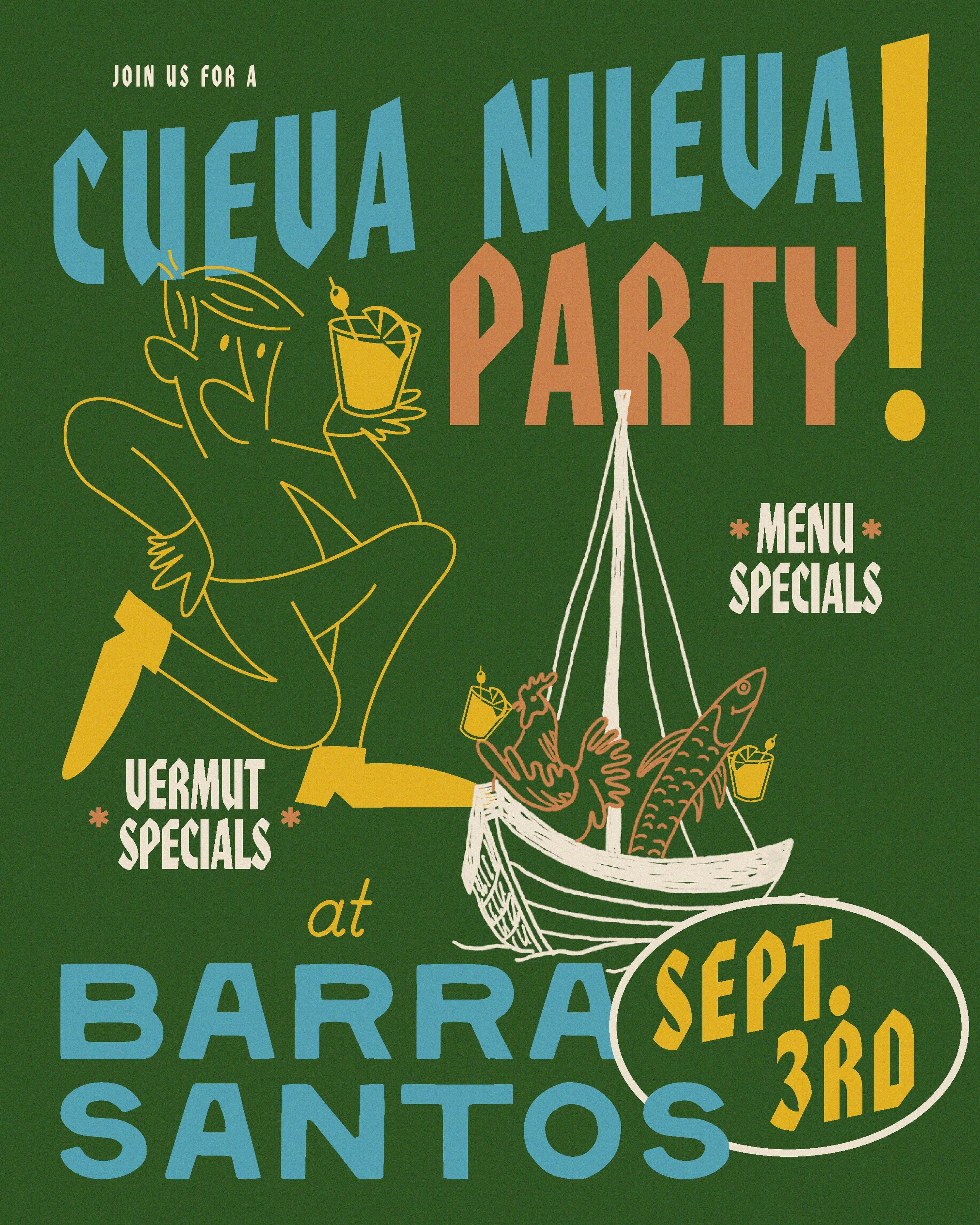 Cueva Nueva Party flyer for September 3 at Barra Santos