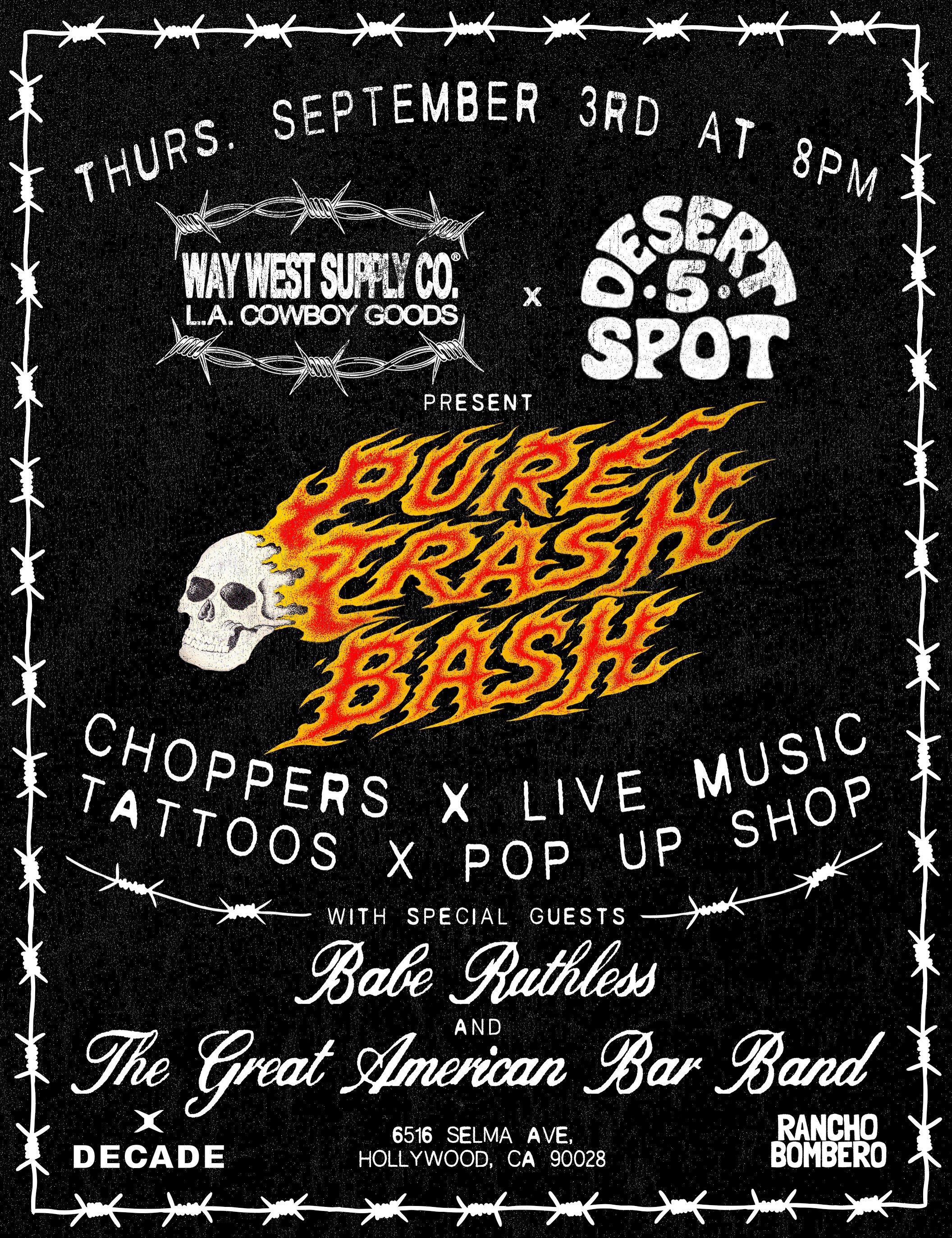 Pure Trash Bash chopper, live music and tattoo event flyer for September 3 at Desert 5 Spot