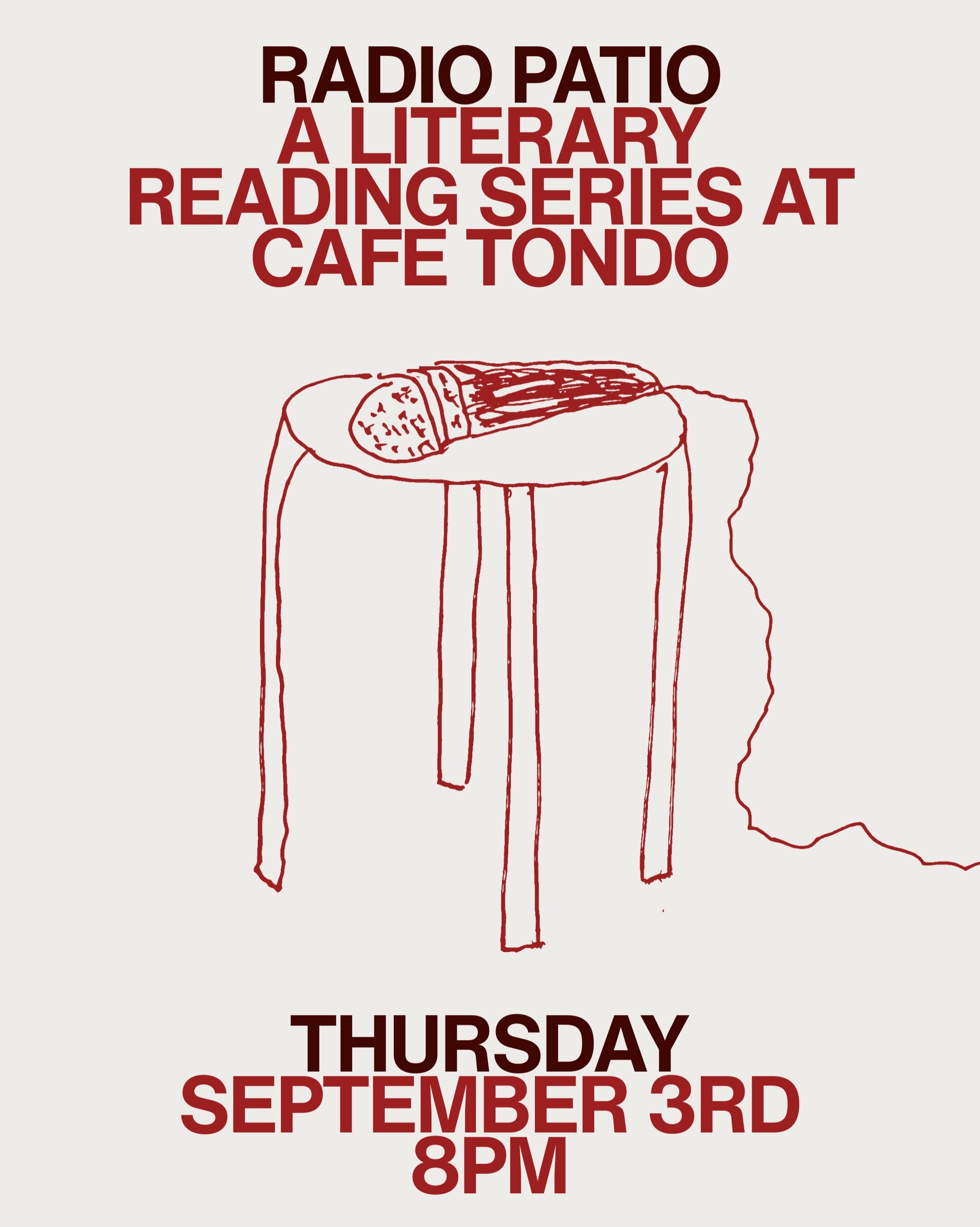Radio Patio live readings flyer at Cafe Tondo for September 3