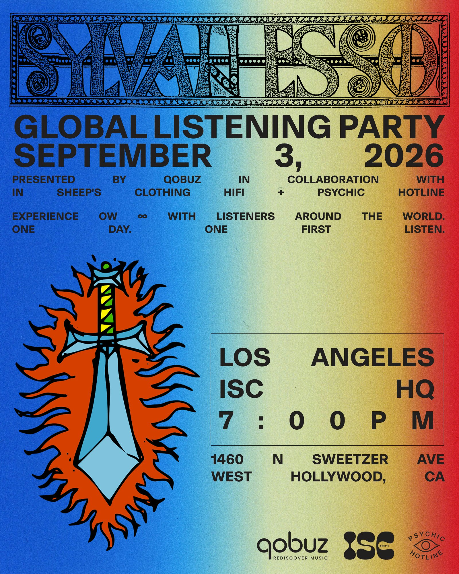Sylvan Esso global Ow infinity listening party flyer for September 3, 2026 at In Sheep's Clothing HQ