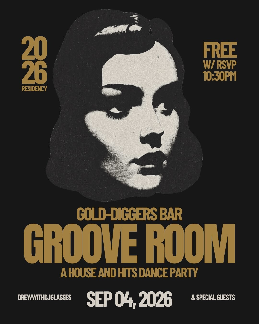 Groove Room house and hits dance party flyer for September 4 at Gold-Diggers