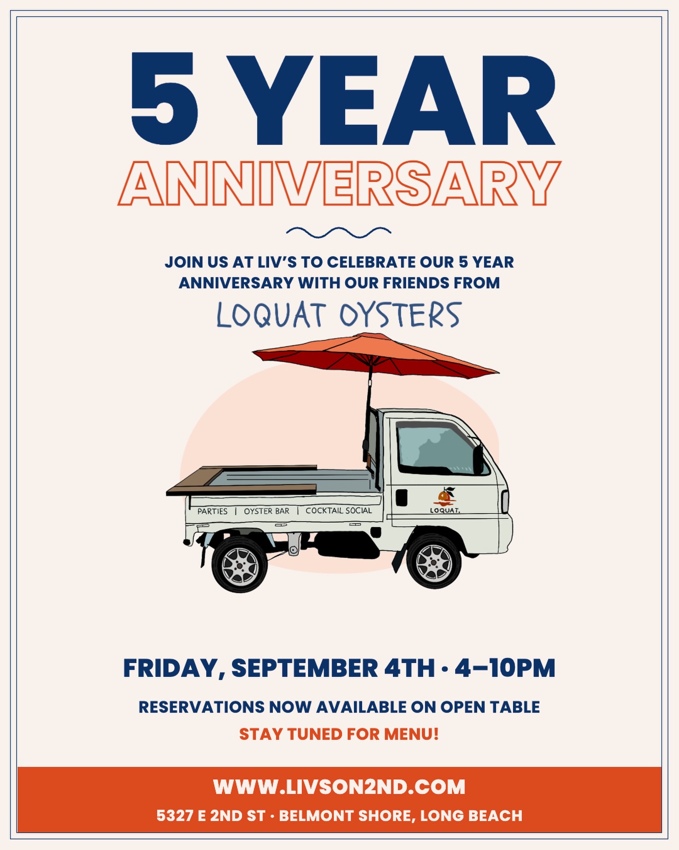 Liv’s Five-Year Anniversary with Loquat Oysters event flyer