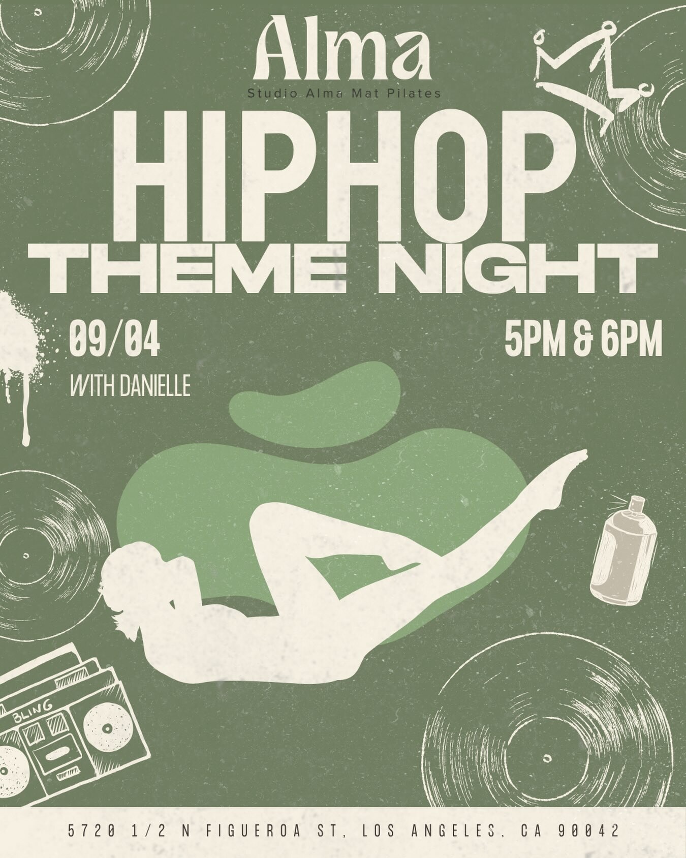 Studio Alma 2000s hip-hop night flyer for September 4 with classes at 5 and 6 PM