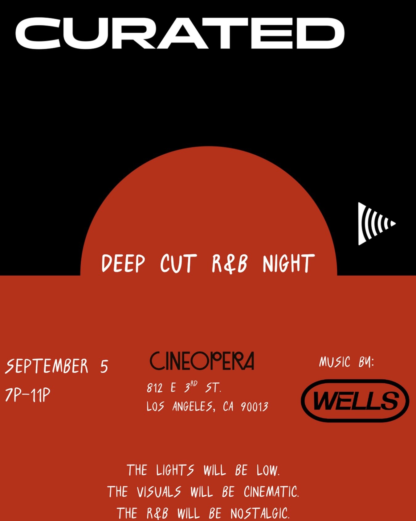 CURATED deep-cut R&B night flyer for September 5 at Cineopera