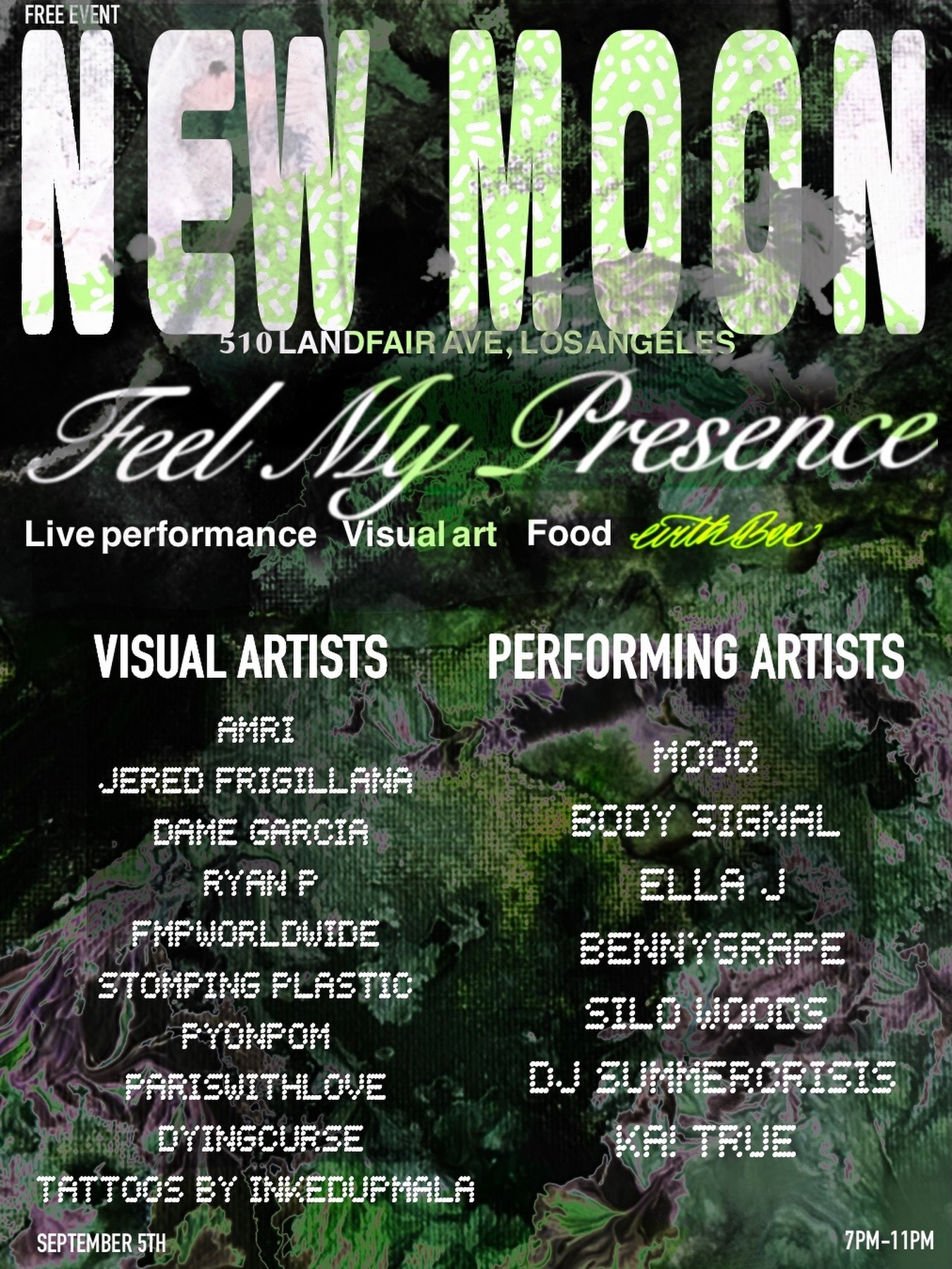 New Moon free art gallery and rooftop music show flyer for September 5