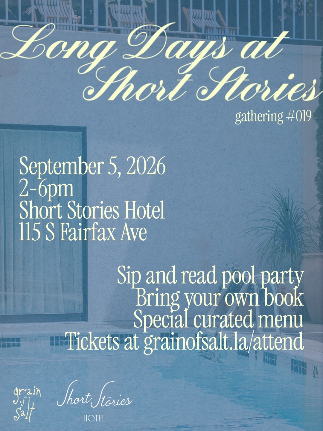 Long Days at Short Stories poolside sip-and-read flyer for September 5