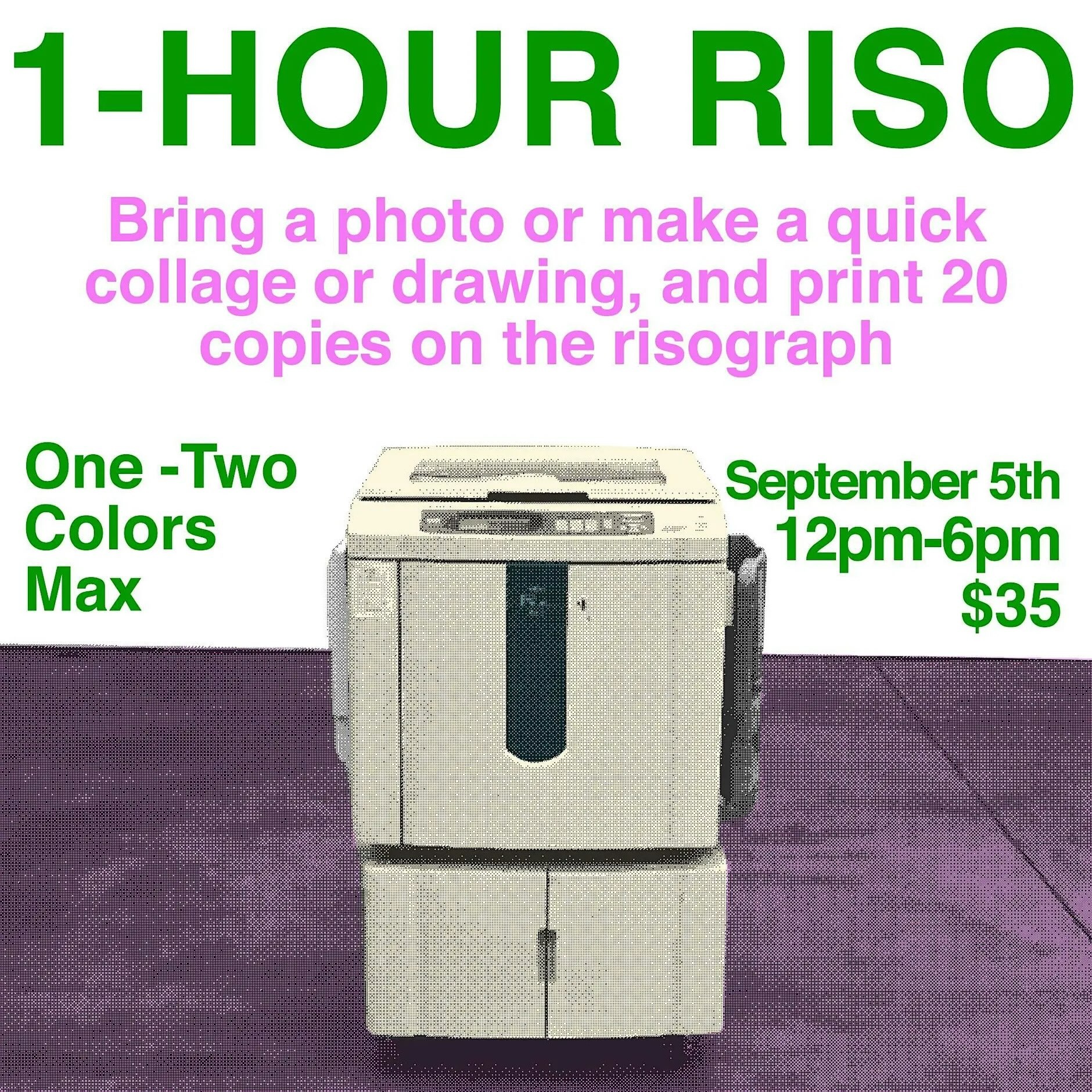 One-Hour Risograph Printing flyer for September 5 at Heavy Manners Library