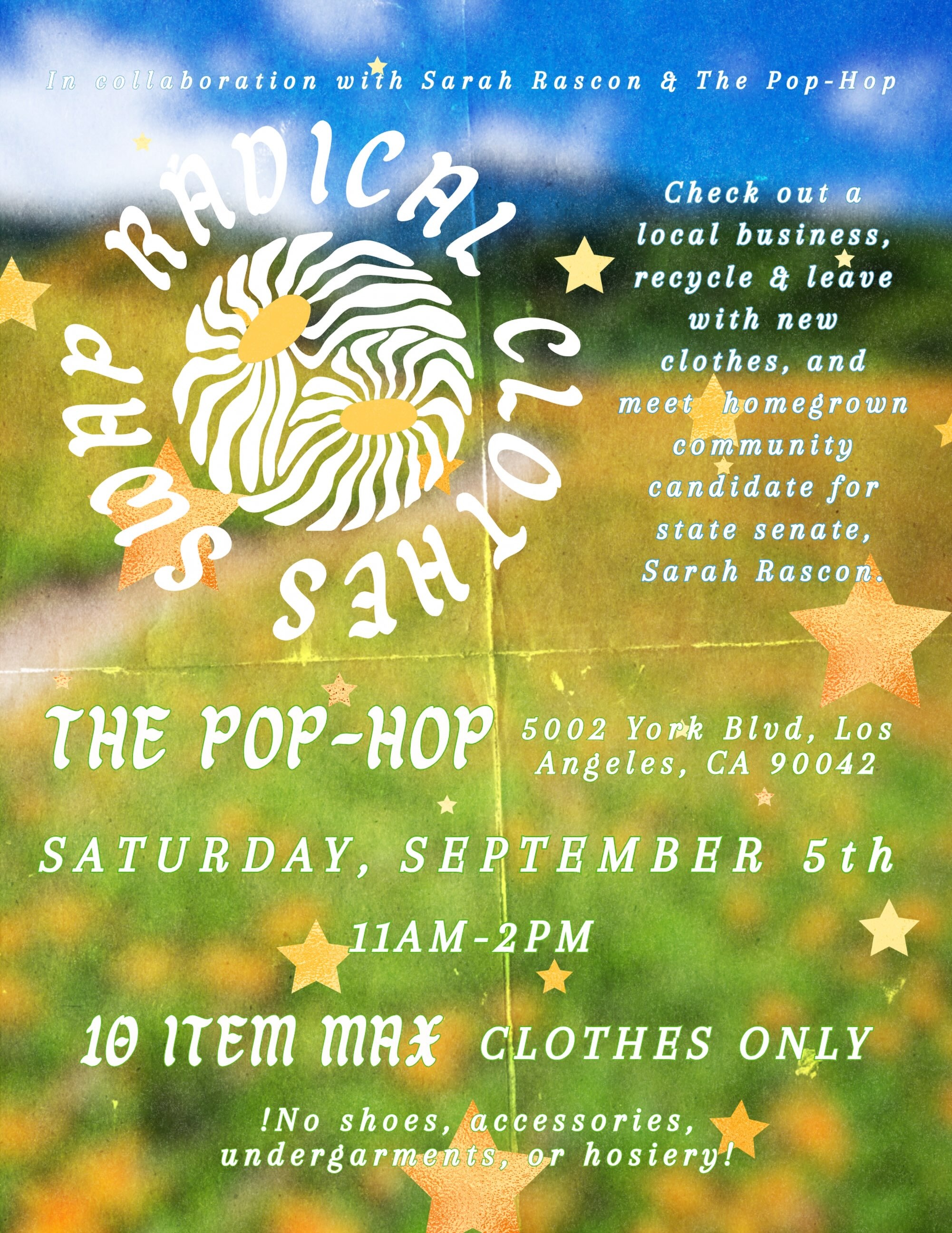 Radical Clothes Swap community meet and greet flyer at The Pop-Hop for September 5
