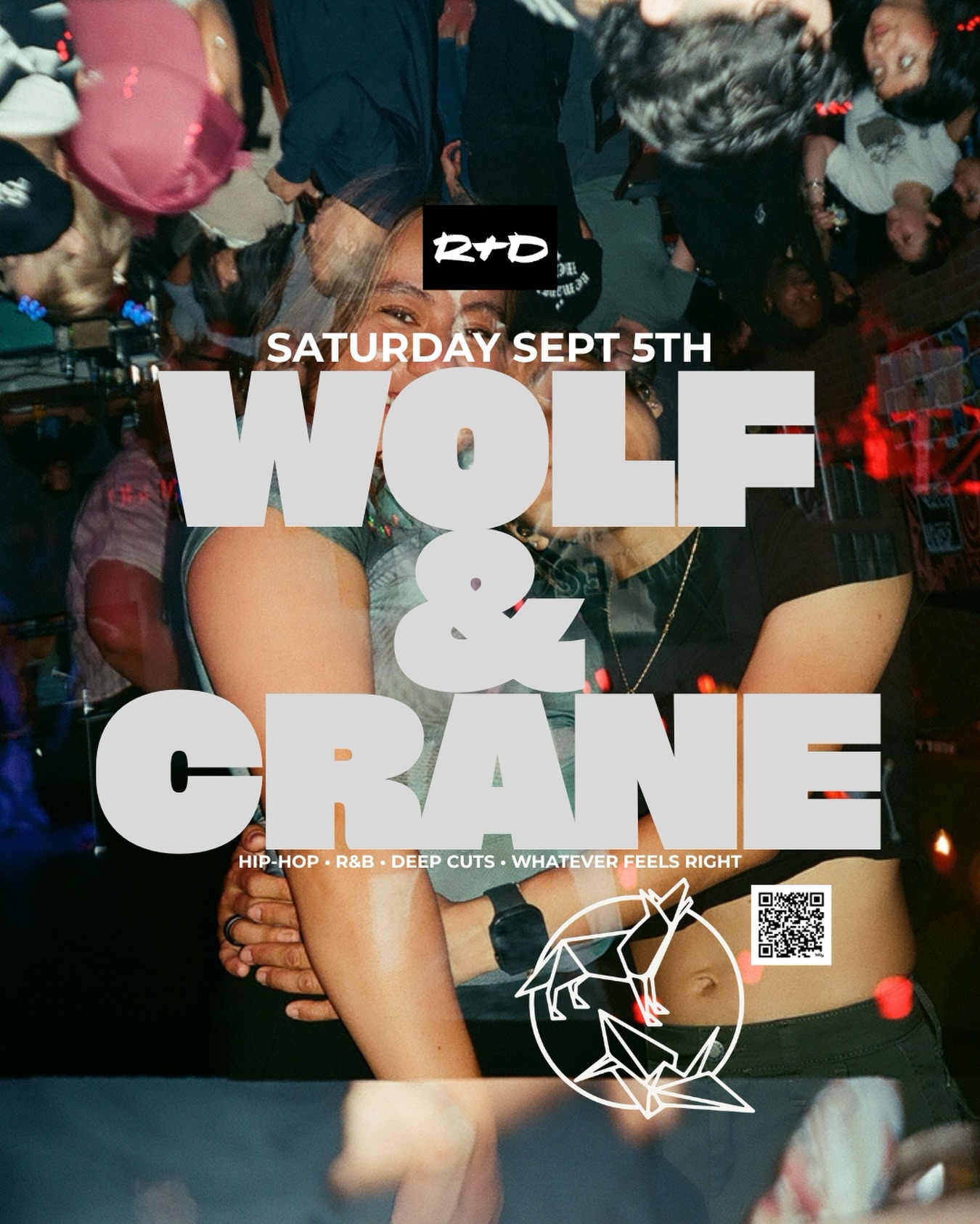 R+D at Wolf & Crane event flyer