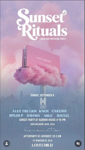 Sunset Rituals Labor Day weekend party flyer for Harbor House and Lovenote