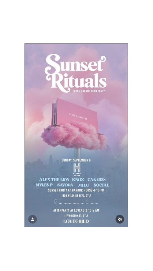 Sunset Rituals Labor Day weekend party flyer for Harbor House and Lovenote