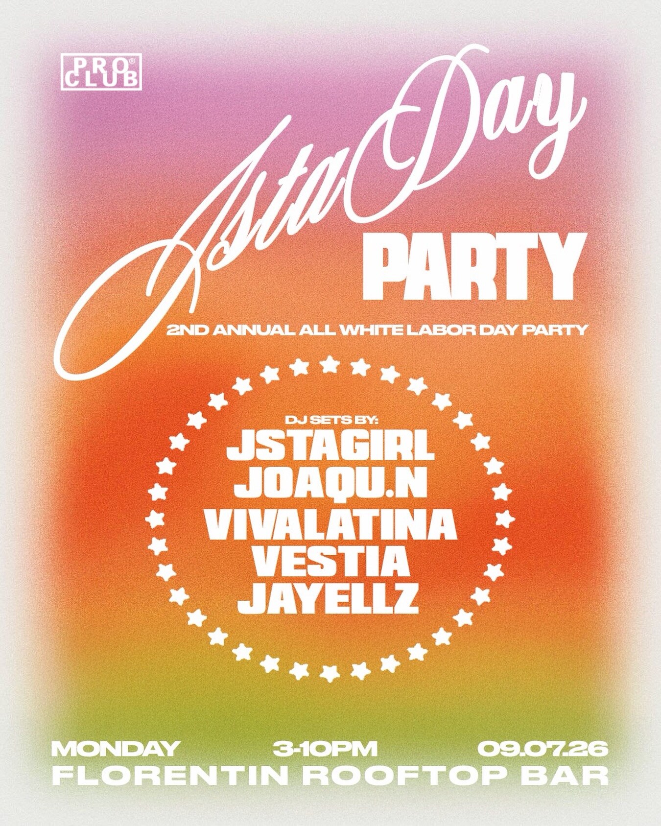 JSTADAYPARTY all-white Labor Day party flyer for September 7 at Florentin Rooftop