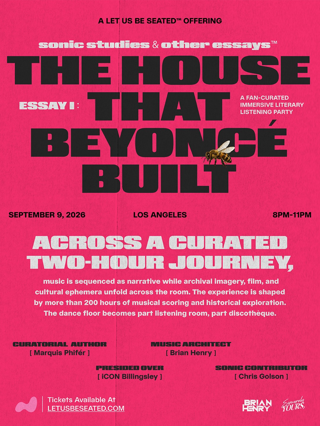 Pink flyer for The House That Beyoncé Built listening party in Los Angeles on September 9