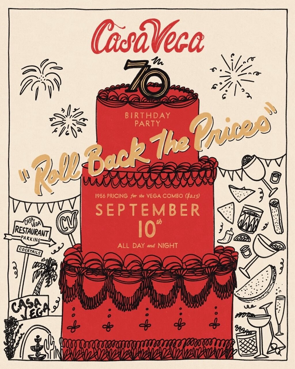 Casa Vega 70th birthday rollback pricing flyer for September 10