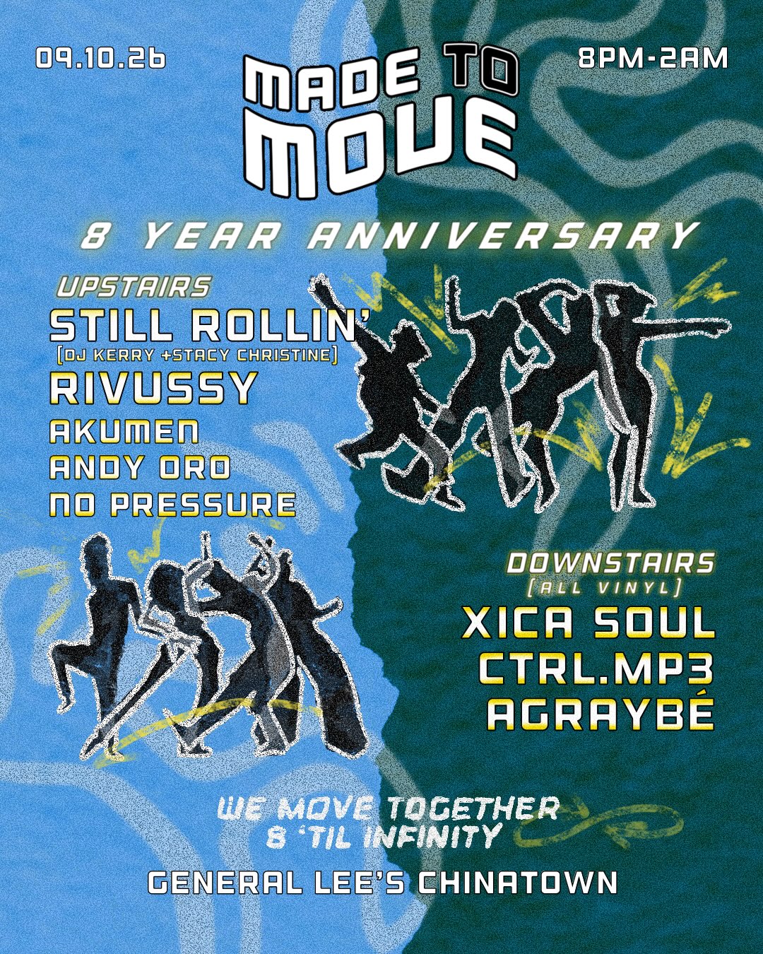 Made to Move 8 Year Anniversary flyer with the two-floor DJ lineup for September 10 at General Lee's Chinatown