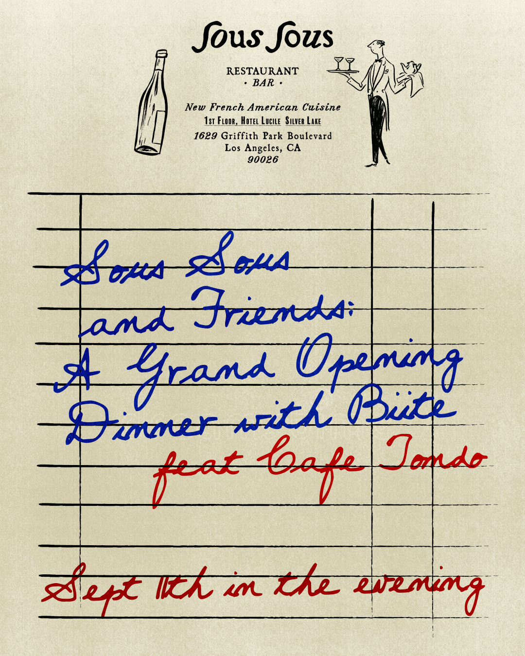 Sous Sous and Friends grand opening dinner announcement for September 11