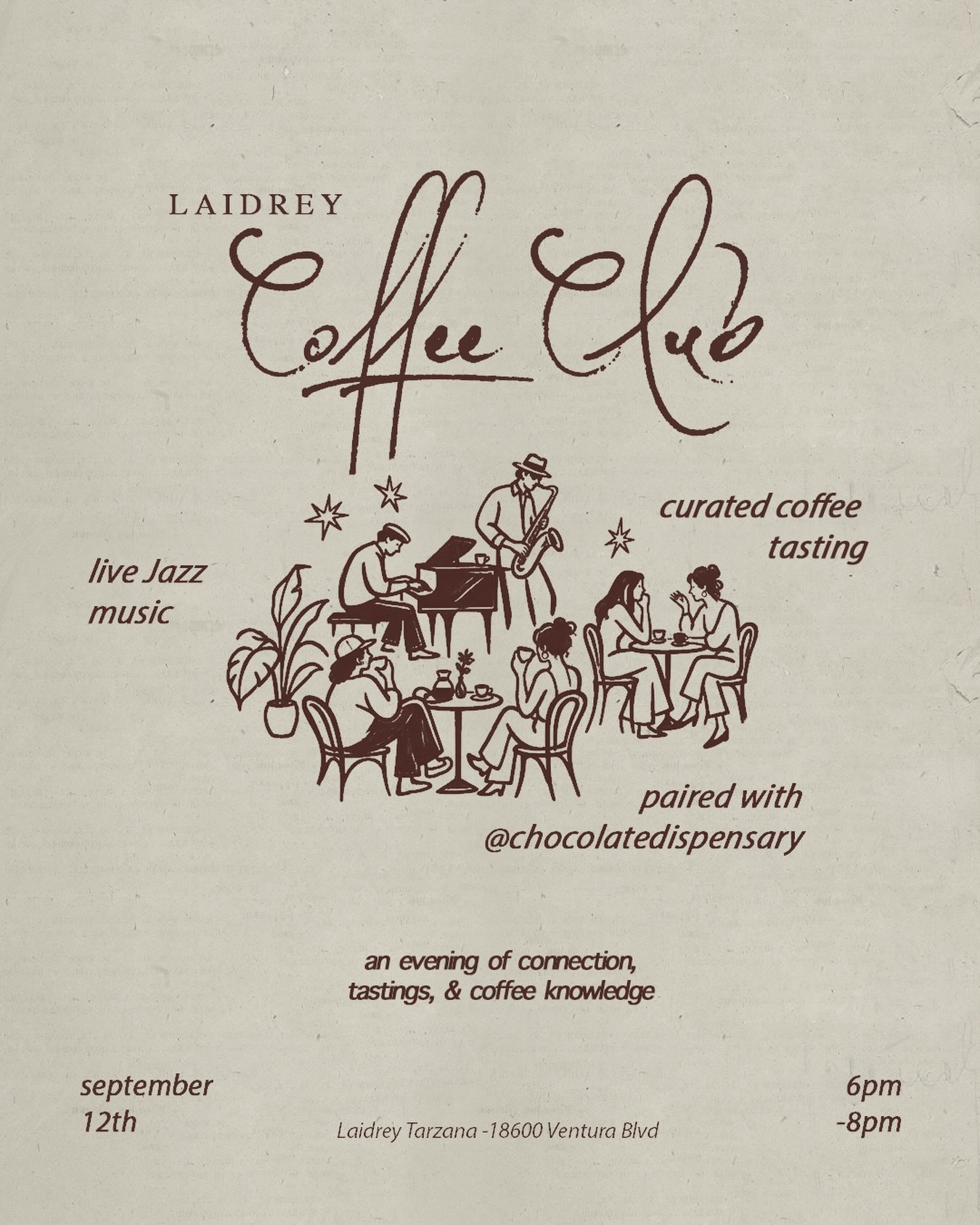 Laidrey Coffee Club flyer for September 12 with coffee tasting, chocolate and live jazz