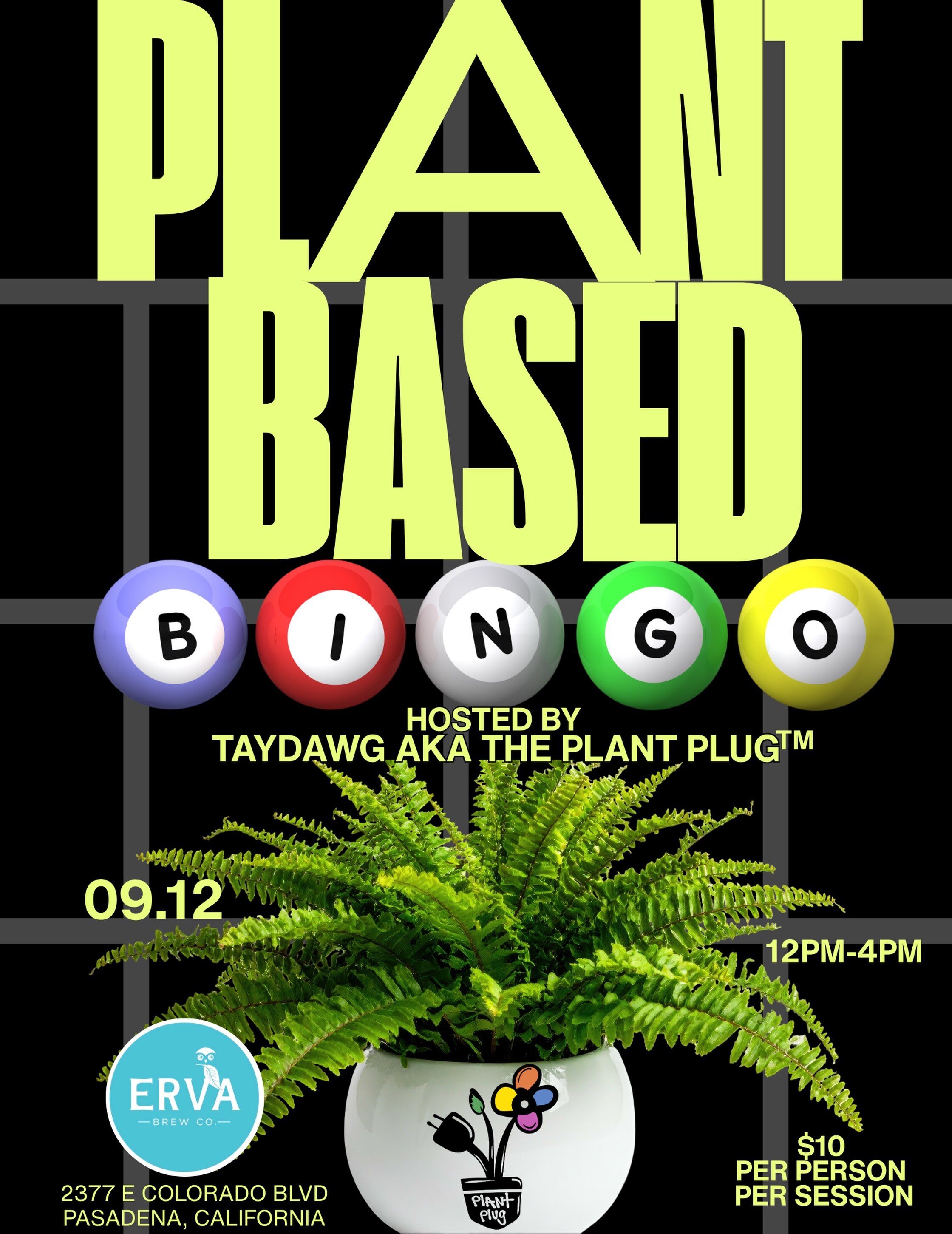 Plant Based Bingo flyer for September 12 at Erva Brew Co. in Pasadena