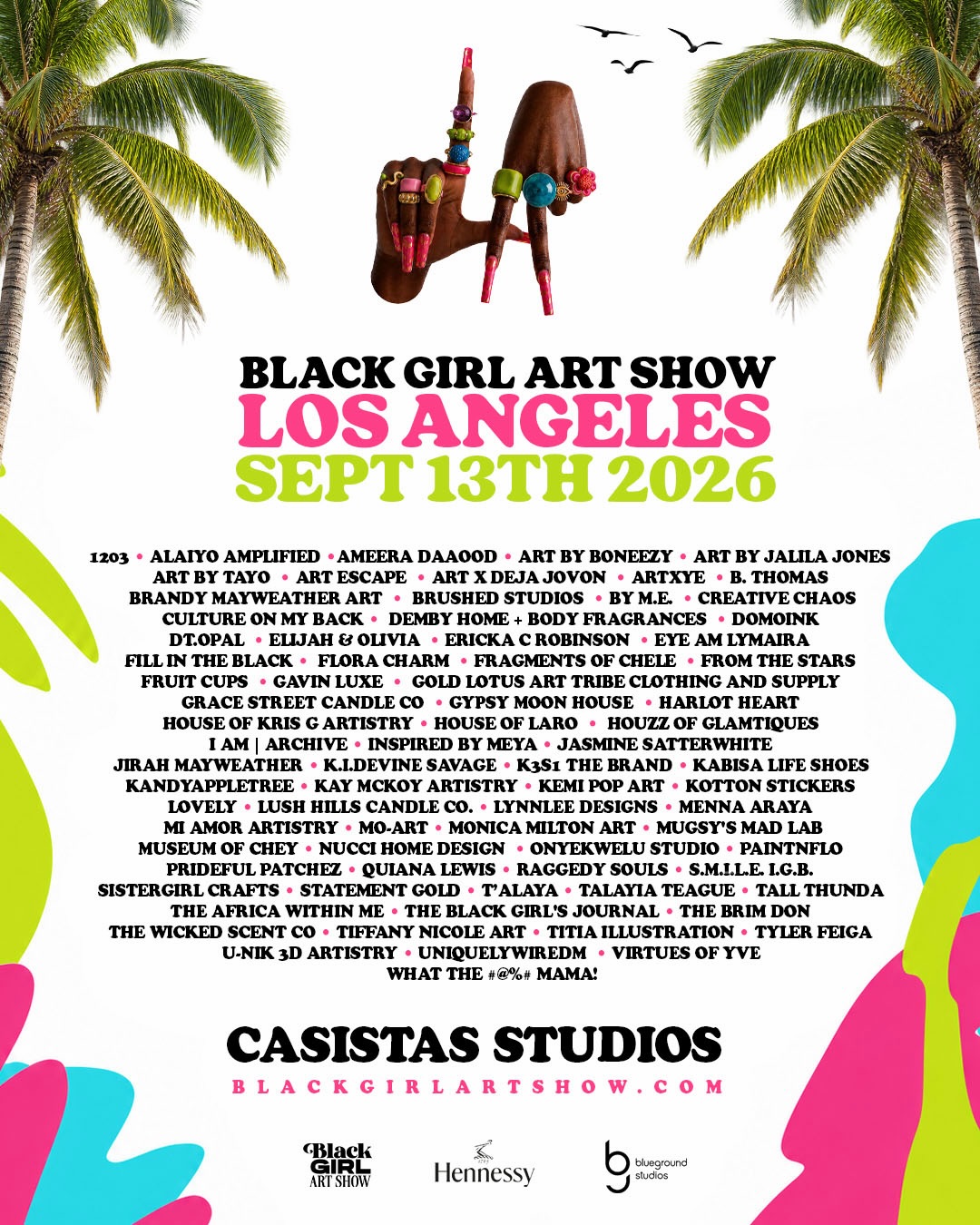 Black Girl Art Show Los Angeles flyer listing the September 13 artist lineup at Casitas Studios