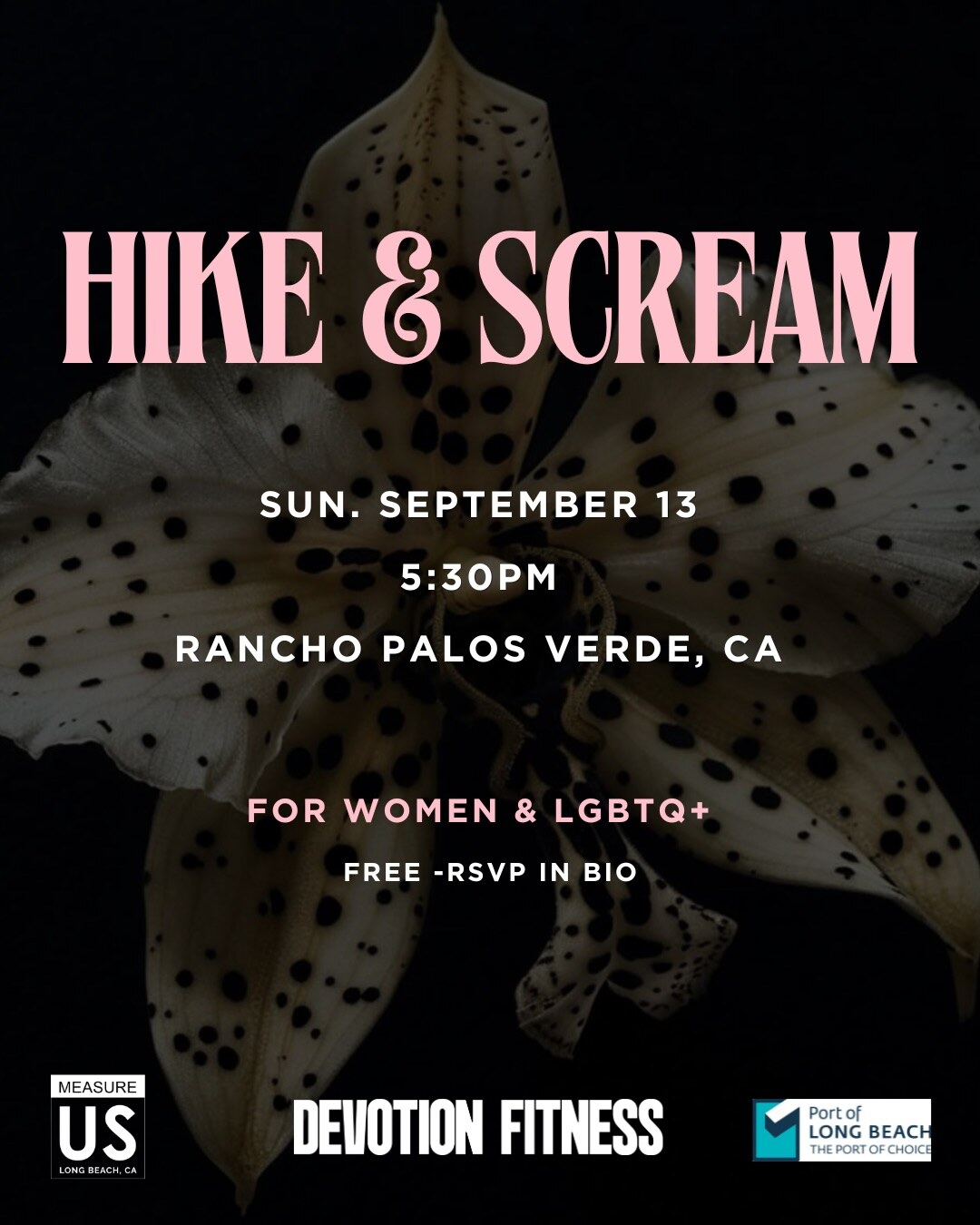 Hike and Scream flyer for LGBTQ+ people and women on September 13 in Rancho Palos Verdes