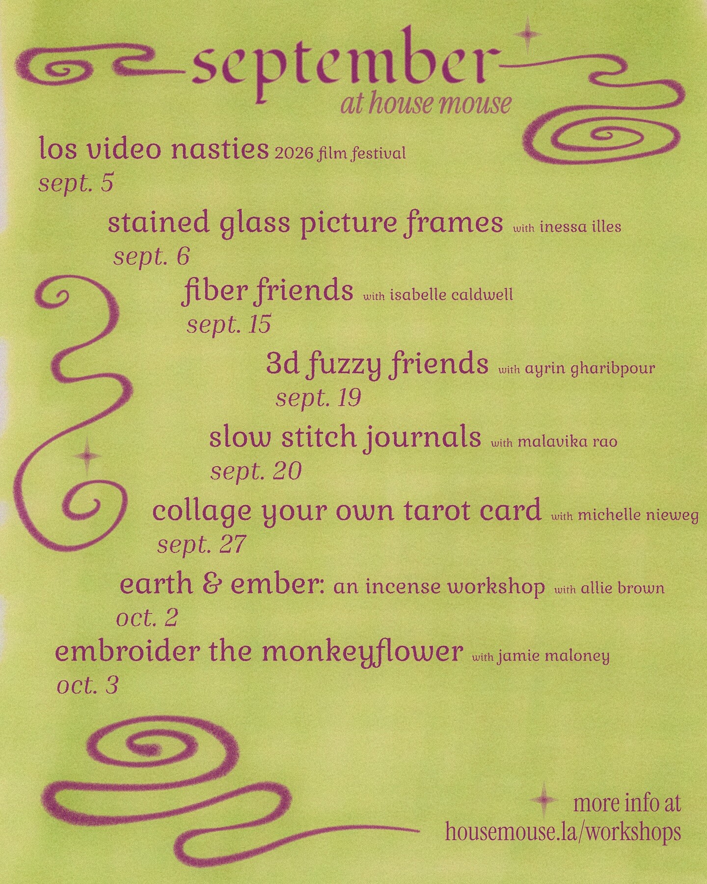 House Mouse September schedule flyer listing Fiber Friends on September 15