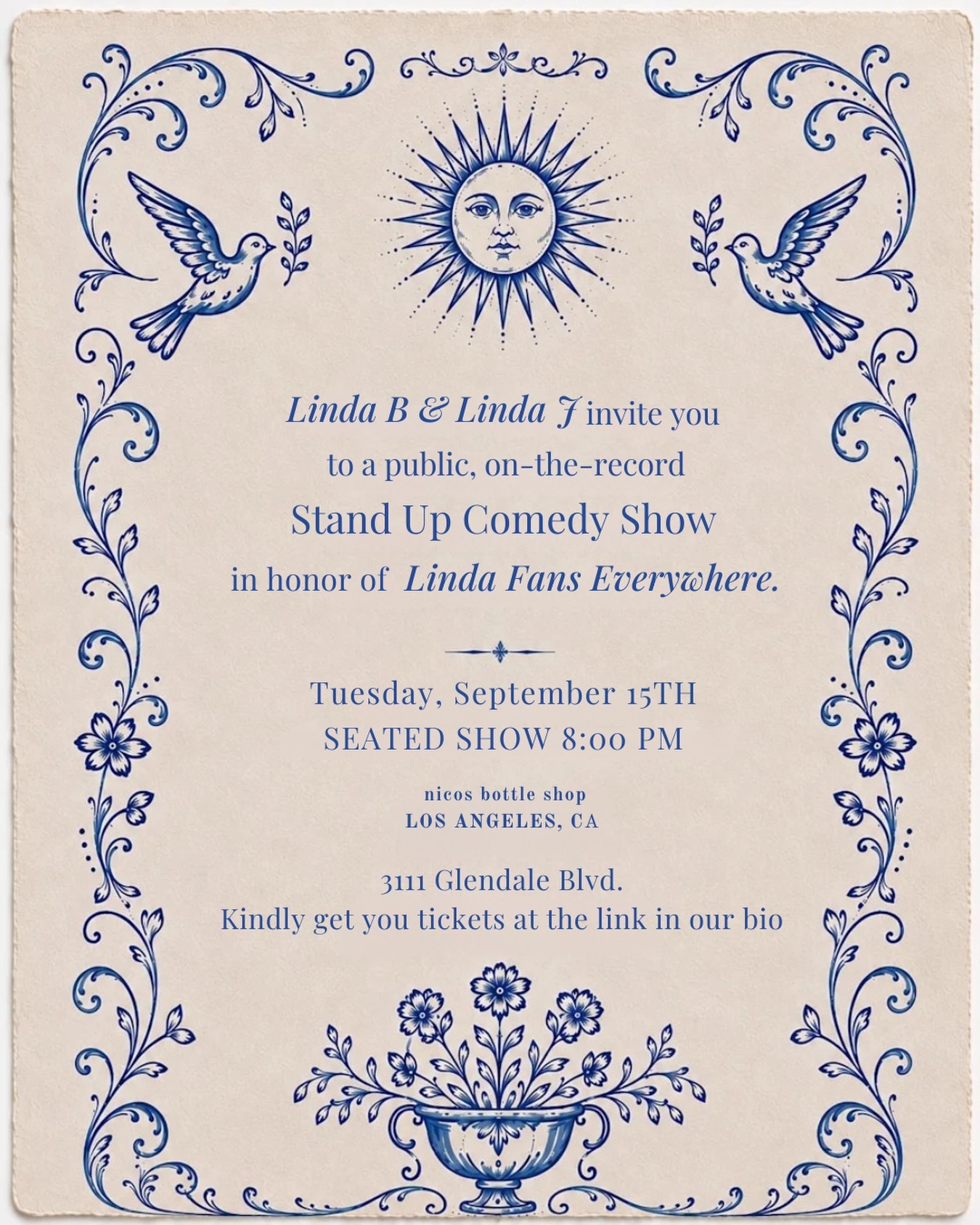 LINDA comedy show invitation for September 15 at Nico's