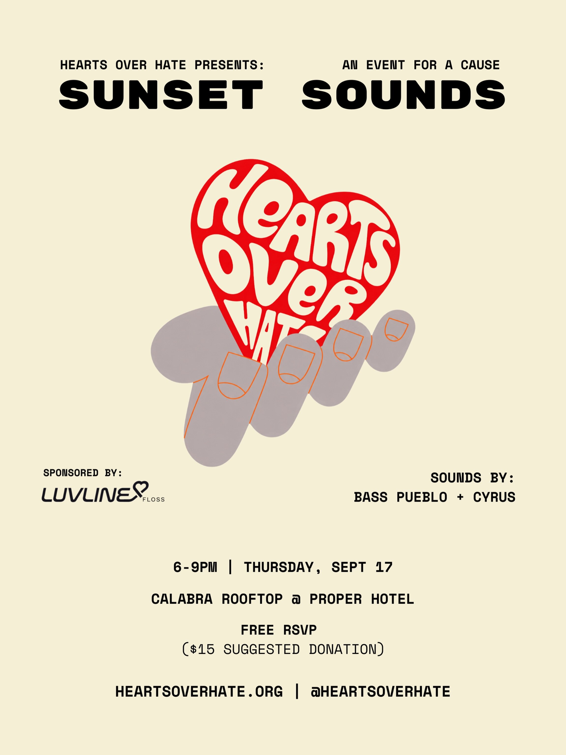 Sunset Sounds Hearts Over Hate benefit flyer for September 17 at Calabra Rooftop