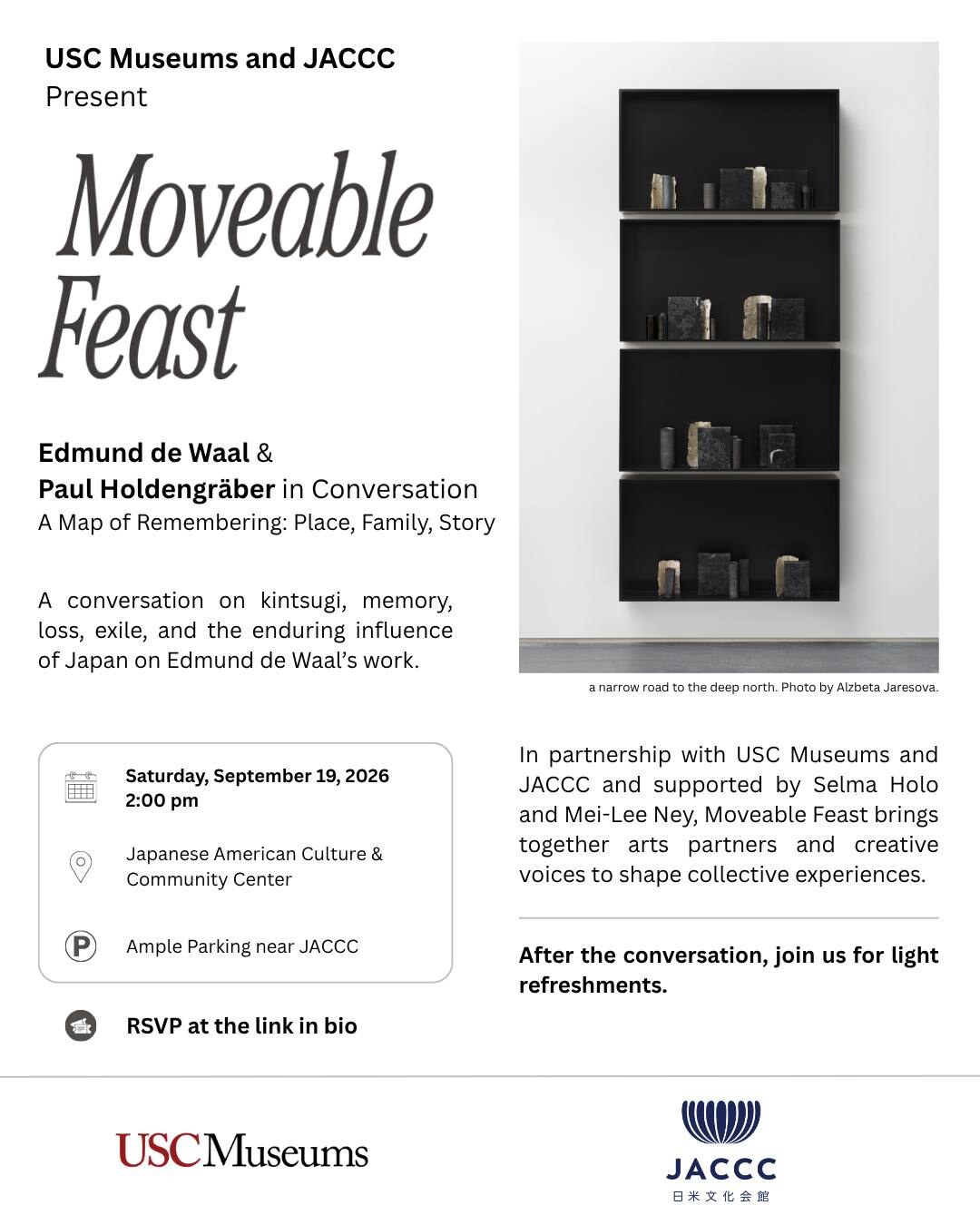 Moveable Feast flyer for Edmund de Waal and Paul Holdengräber in conversation at JACCC on September 19, 2026
