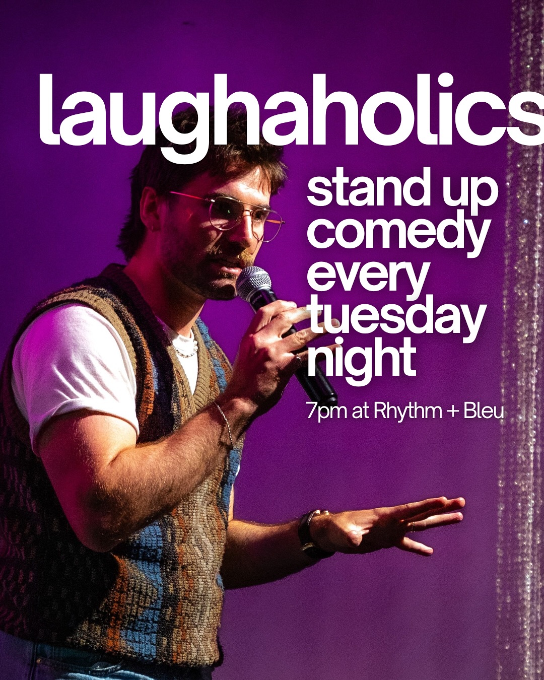 Laughaholics weekly stand-up comedy flyer with a performer on a purple stage