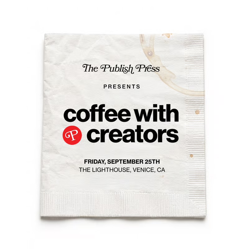 Coffee with Creators flyer styled as a white coffee-shop napkin