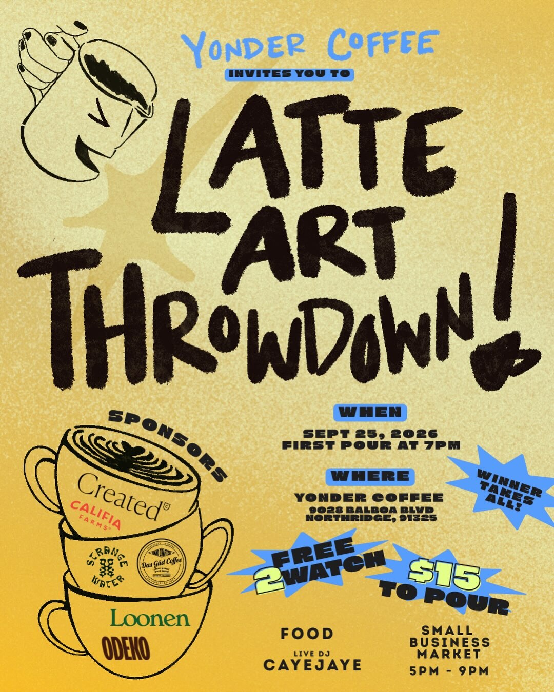 Yonder Coffee latte art throwdown and small business market flyer for September 25
